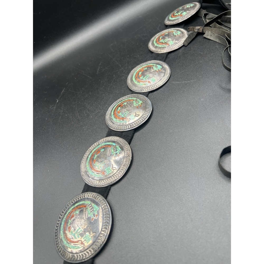 Navajo Large Concho Belt Silver Leather Juan T Singer JTS Turquoise Coral Inlay